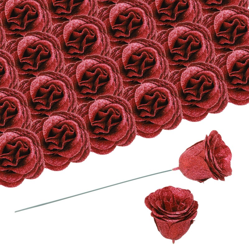 50pcs Roses Glitters Fake Flowers Artificial Roses Flowers with 50pcs Stems Red