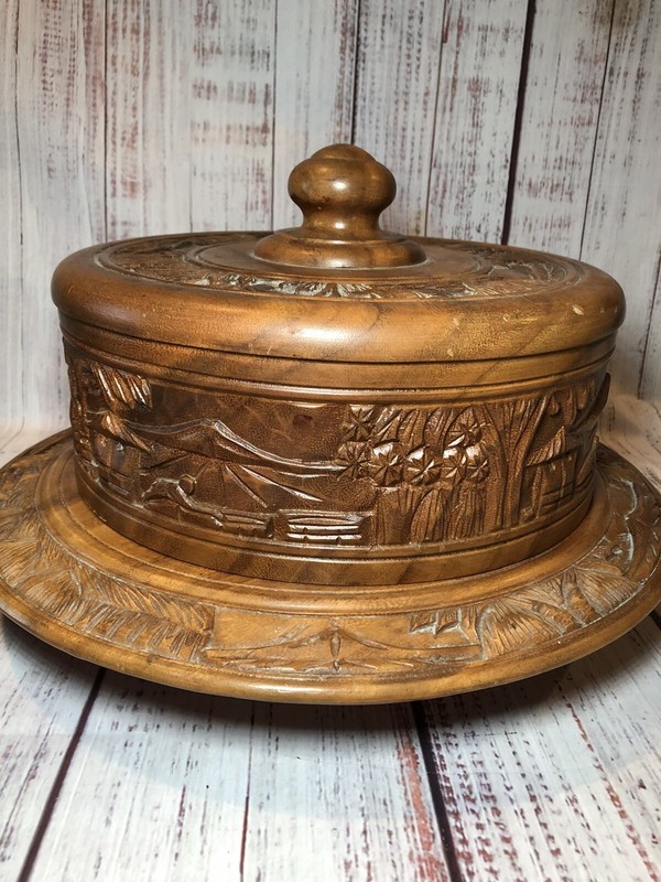 Vintage 12" Round Wooden Swivel Cake Plate w/ Dome African Unique Hand Made gallery