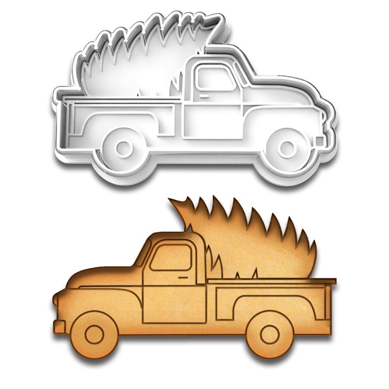 Vintage Pickup Truck with Christmas Tree Cookie Cutter & Stamp – 4.25×2.5 Inches