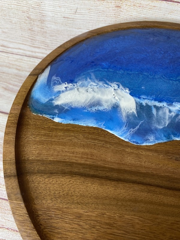 Threshold Arjun Wood Cake Stand Ocean Theme Resin Beach Waves 12" W 4.5" Tall gallery