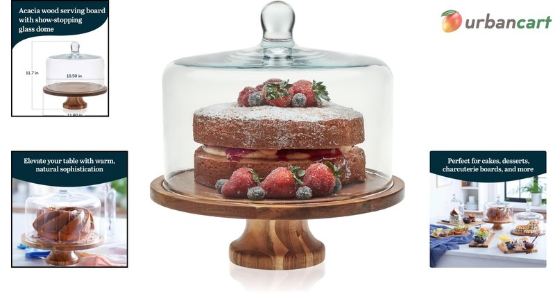 Elegant Acacia Wood Cake Stand with Glass Dome gallery