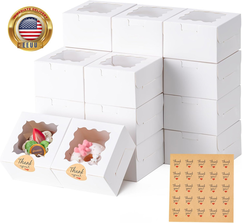 20Pcs Cookie Boxes with Window, 4X4X2.5 Inches Bakery Boxes with 25Pcs Stickers