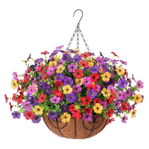 Artificial Faux Hanging Plants Flowers Basket for Purple Deep Purple Red Yellow