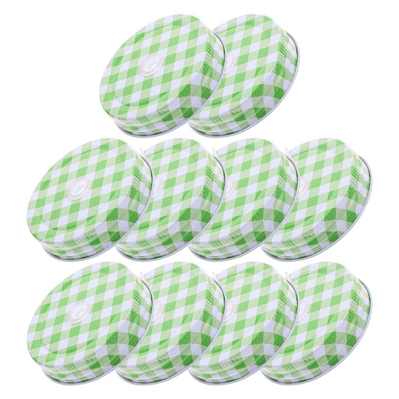 10pcs Mason Jar Lids with Straw Hole, Green Gingham Checkered Regular Mouth gallery