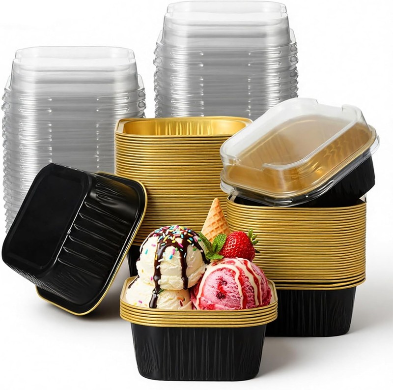 100 Pack Mini Cake Pans with Lids, 5oz Dessert Cups Aluminum Foil Mini Cupcake