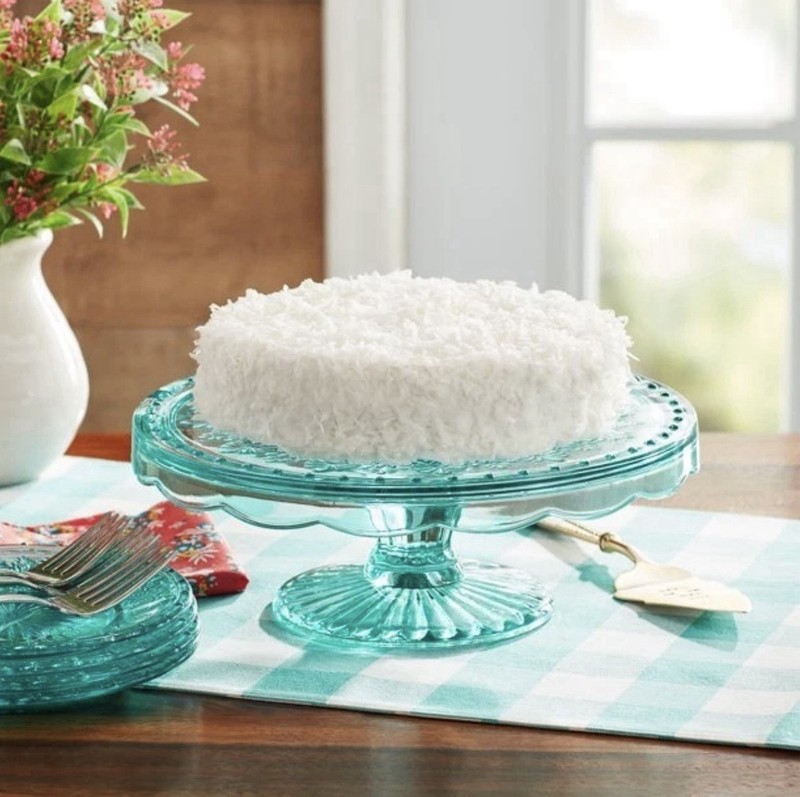 Retired Pioneer Woman Cassie Cake Stand Embossed Glass Plate Teal 10” Inches gallery