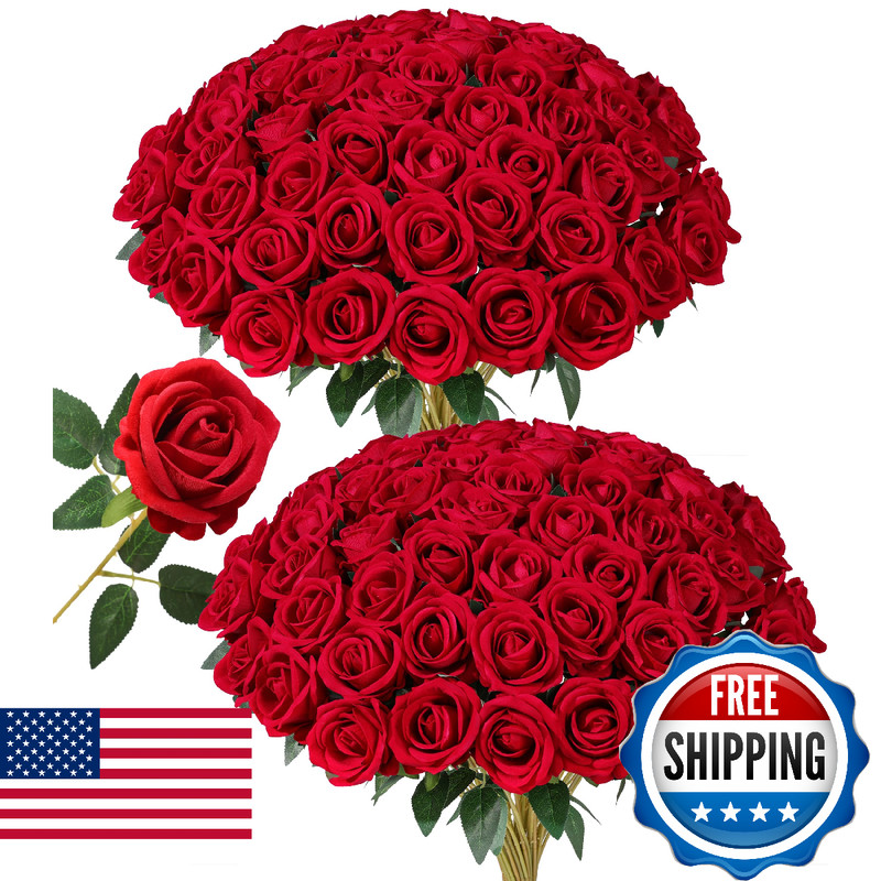 HyeFlora 50 PCS Red Roses Artificial Flowers, Fake Roses with Stems Realistic Si