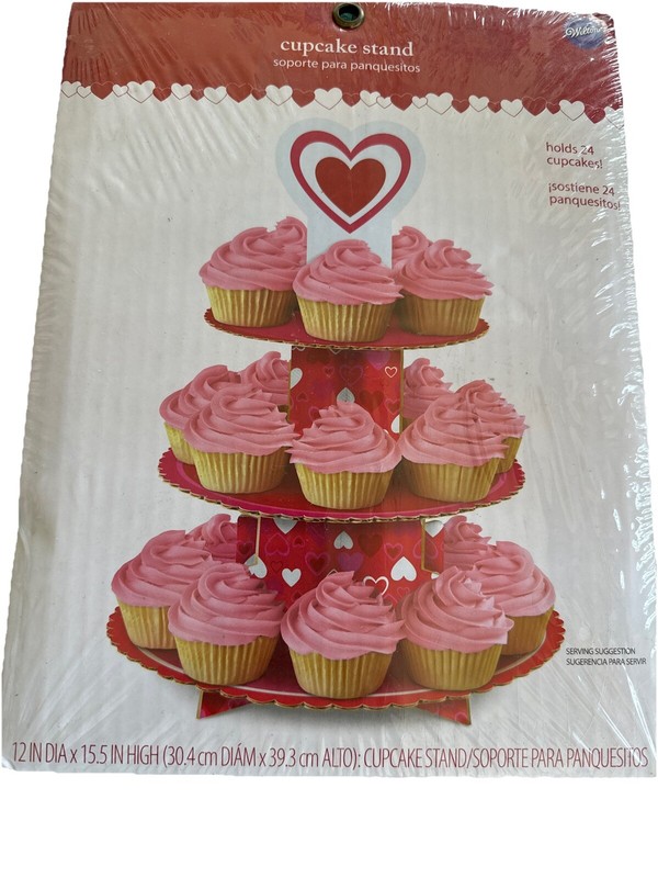 Wilton Valentine’s Day 3 Tier Cardboard 24 Cupcake Stand Holder Red White Hearts