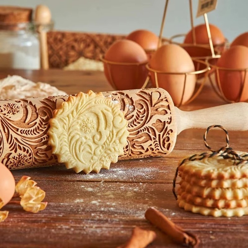 3D Embossing Rolling Pin Wooden Dough Roller Cookies Flower Pattern Baking Tool gallery