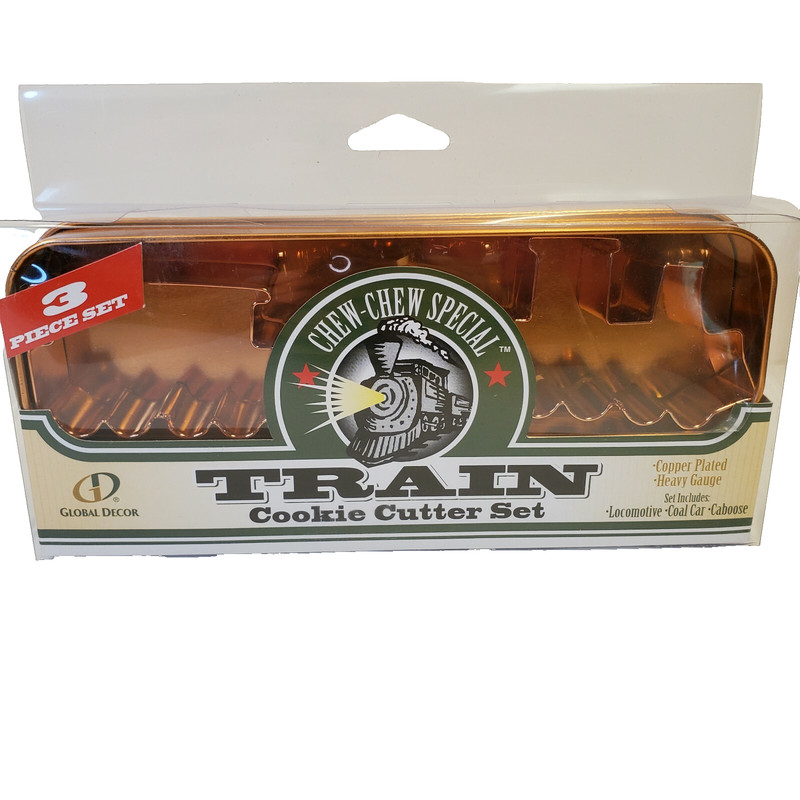 Chew Chew Train Cookie Cutter Set Cooper Plated Locomotive Coal Car Caboose VTG