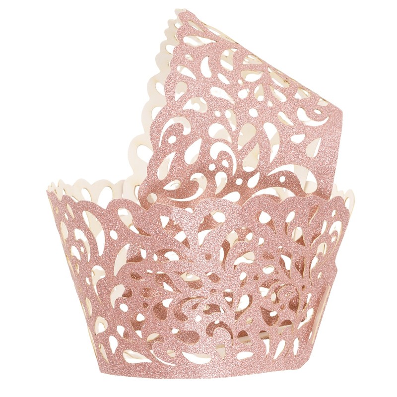50 Pcs Lace Cupcake Liners Hollow Water Drop Cupcake Wraps, Rose Gold