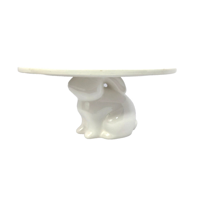 White Ceramic Bunny Rabbit 9.5″ Dessert Cake/Pie Stand Kitchen Decor