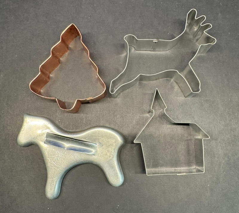 Vintage Christmas Cookie Cutters-4 pc-Reindeer, Horse, Tree, Church approx 3-4″