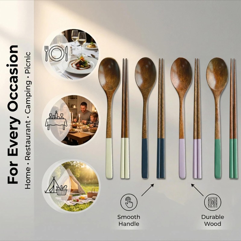 Handmade Wooden Cutlery Set by - 4PCS Reusable Spoon and Chopsticks, High-Gra... gallery