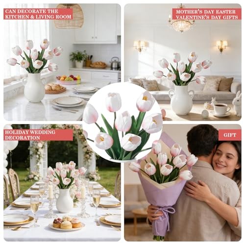 Fake Tulips,18.5" PU Artificial Tulips Flowers for Spring Easter Blush Pink gallery