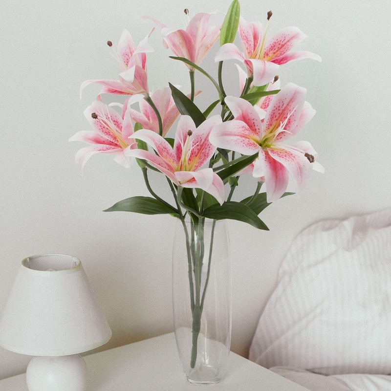 SNAIL GARDEN 12 Artifical Lily Flowers with 9 Heads 20 inches, Pink & White gallery