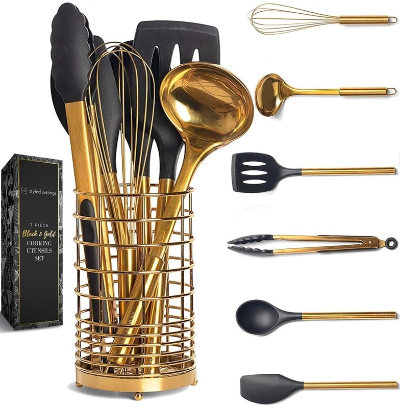 Black and Gold Kitchen Utensils Set - 7-Piece Silicone Cooking Tools with Gol...