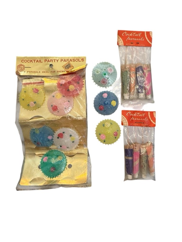 Vintage Plastic Cake Topper Parasols Painted Umbrellas Lot