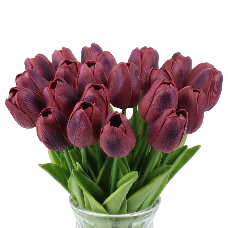 Ipopu Tulips Artificial Flowers 24Pcs Burgundy Flowers Real Touch Tulips Fake