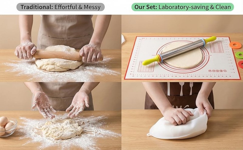 3 in 1 Set of Rolling Pin with handle + Pastry Baking Mat + Kneading Bag, gallery