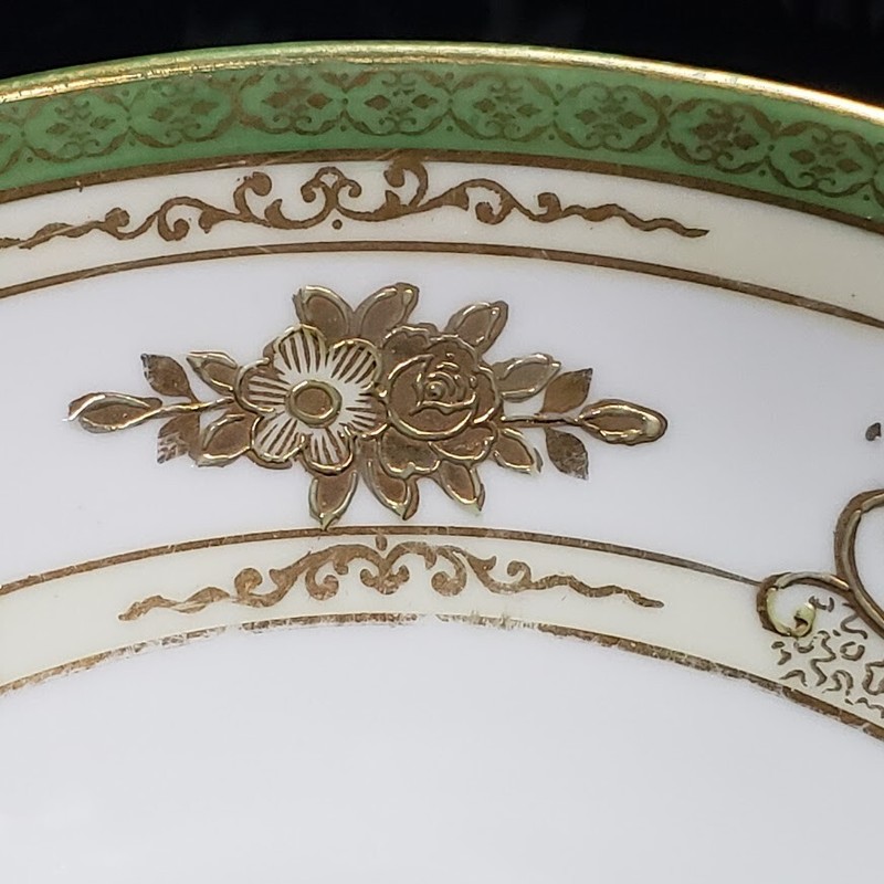 Noritake Japan Vintage Handled Cake Plate Serving Dish Green Rim Gold Accent 11" gallery