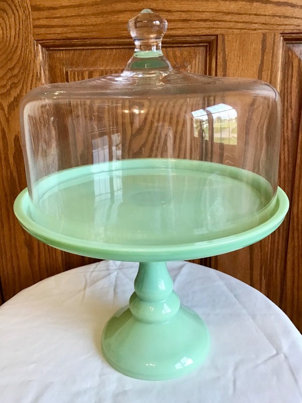 VINTAGER MOSSER JADEITE PEDISTAL CAKE PLATE STAND WITH CLEAR DOME