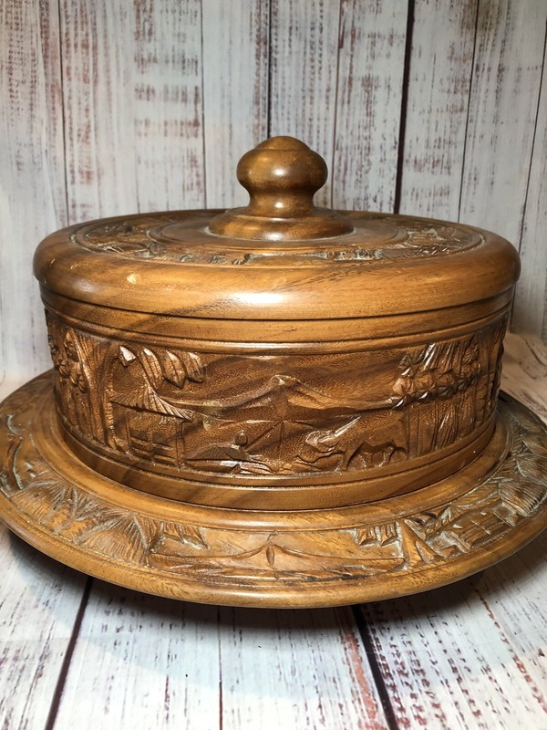 Vintage 12" Round Wooden Swivel Cake Plate w/ Dome African Unique Hand Made gallery