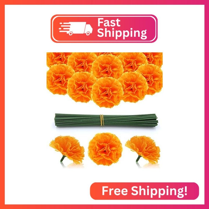 Hananona 101 Pcs Marigold Flower Heads Bulk, Silk Marigolds with Stems Artificia