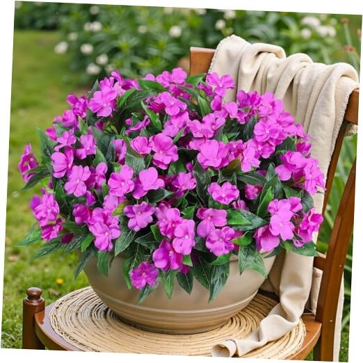 6 Bundles Artificial Impatiens Flowers for Outdoors Decoration, Silk Fuchsia
