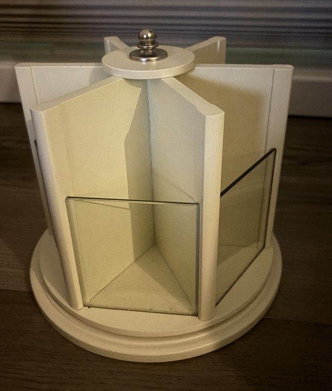 Pottery Barn Rotating Hexagon Cupcake Stand, White/Clear Wood Glass Metal 6″
