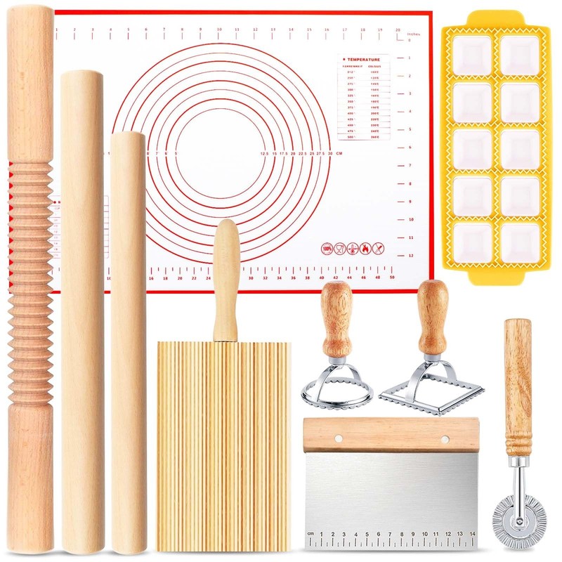 Pasta Making Tools, 10 Piece Wood Pasta Making Kit with 3 Rolling Pins, 1 Gno…