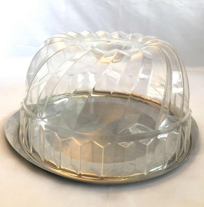 VINTAGE CAKE STAND & DOME LID 10" CLEAR ACRYLIC COVER SILVER METAL PLATTER gallery
