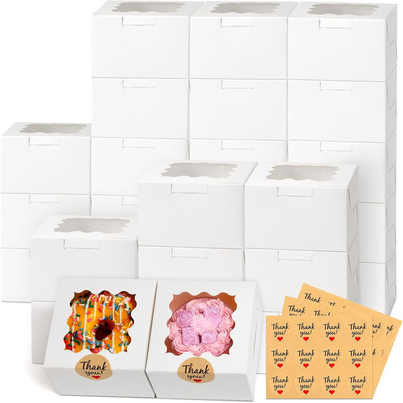 26pcs White Cookie Boxes with Window, 4x4x2.5 Inches Small Bakery Boxes with 36p
