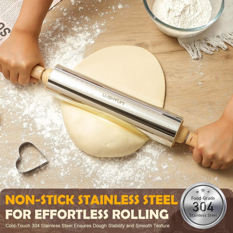304 Stainless Steel Adjustable Rolling Pin Dough Roller Thickness Rings Metal gallery