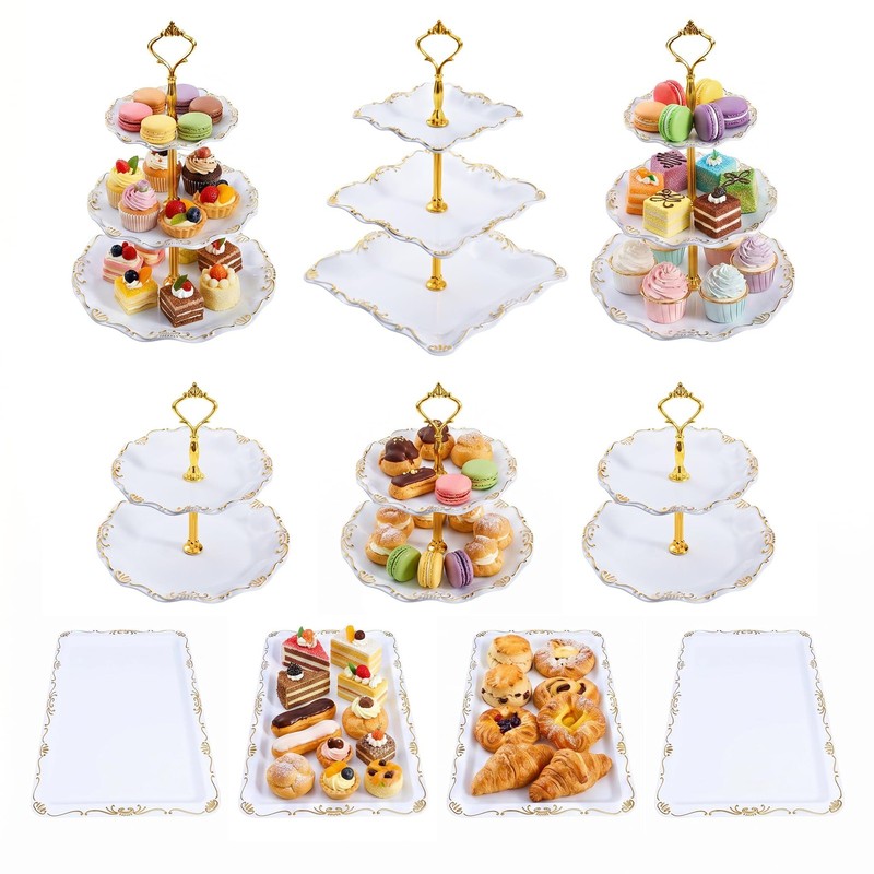 10 Pcs Cupcake Stand ,Dessert Table Display Set with Gold Rim , 3 x Three-Tie…