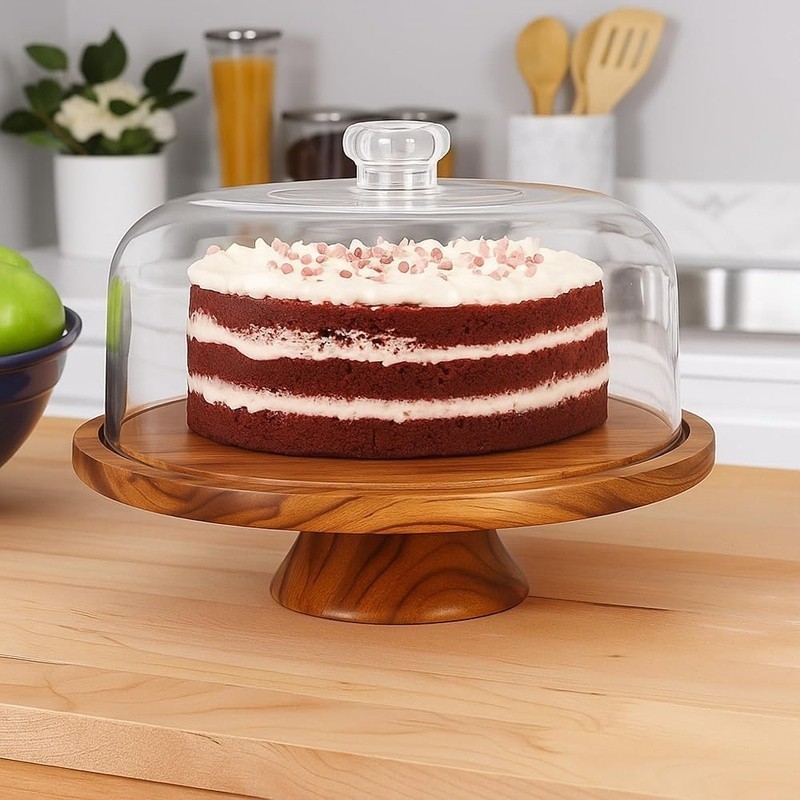 6 in 1 Acacia Wood Cake Stand with Lid Multiuse Wooden Cake Stand Acrylic gallery