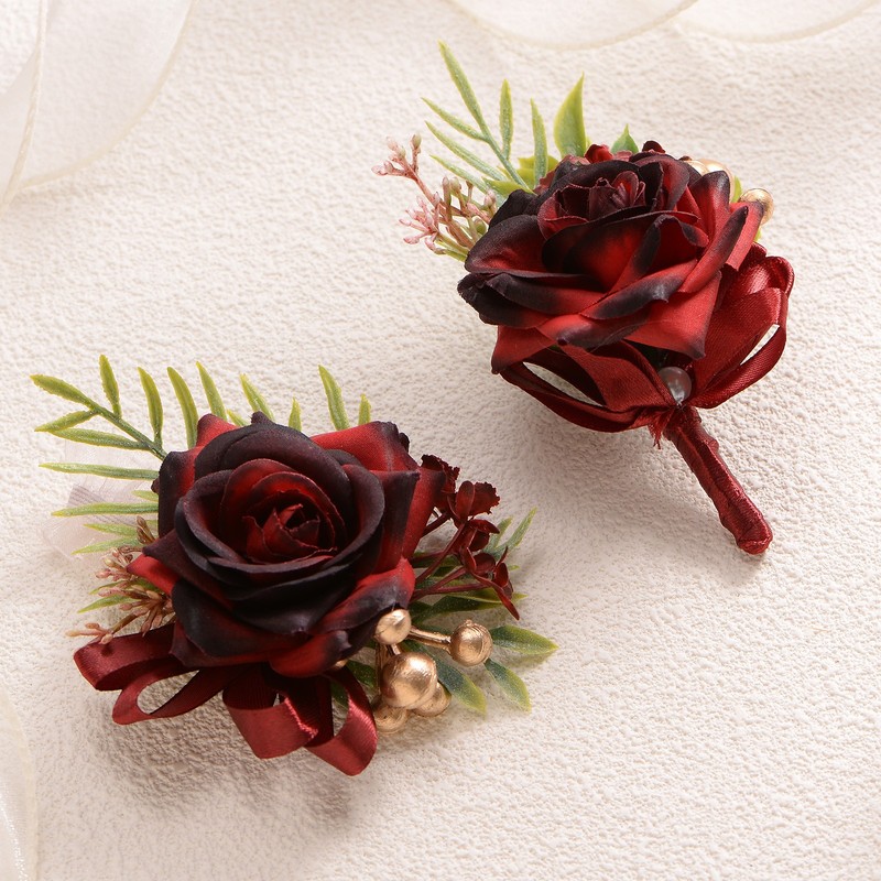 1-Set Artificial Rose Flower Wrist Corsage and Button Down Wine Red gallery