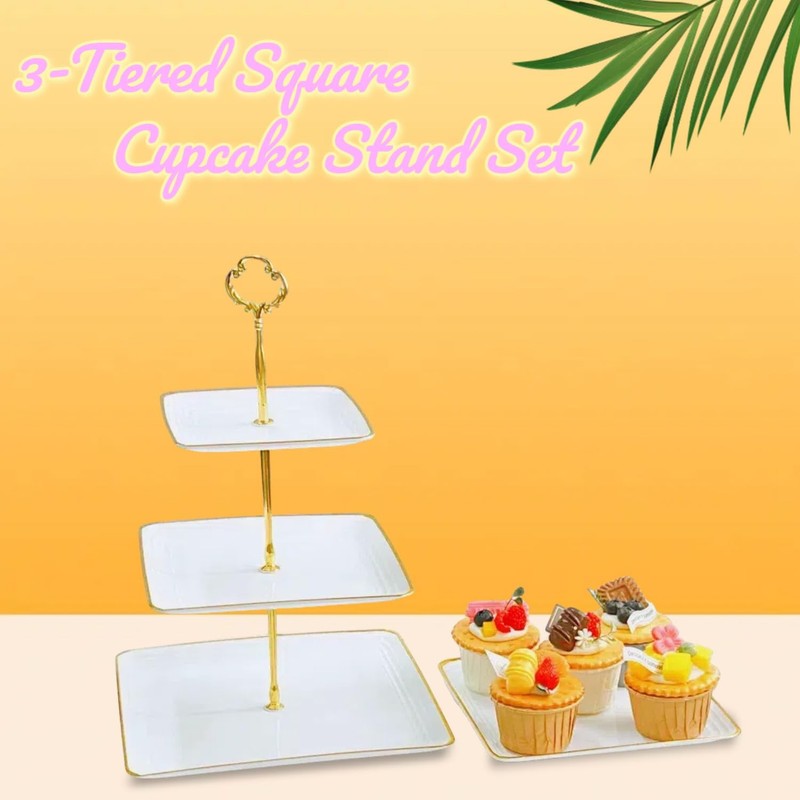 2 Pack Plastic 3 Tier Cupcake Stand with Gold Rim, Plastic Tiered Serving Sta... gallery