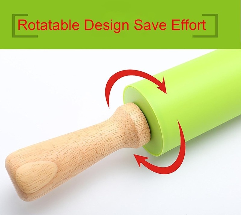 Silicone Rolling Pin, Green 11.4 Inch Pin with Wooden inch, gallery