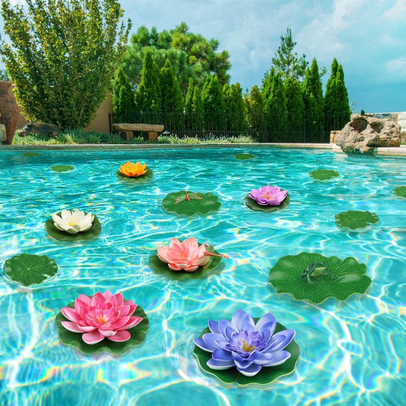 QUOZUO 22 Pack Artificial Floating Foam Lotus Flowers with Colorful gallery