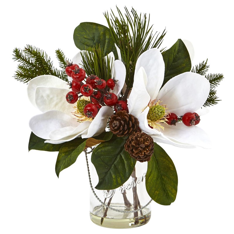Nearly Natural Magnolia Pine And Berry Holiday Arrangement In Glass Vase