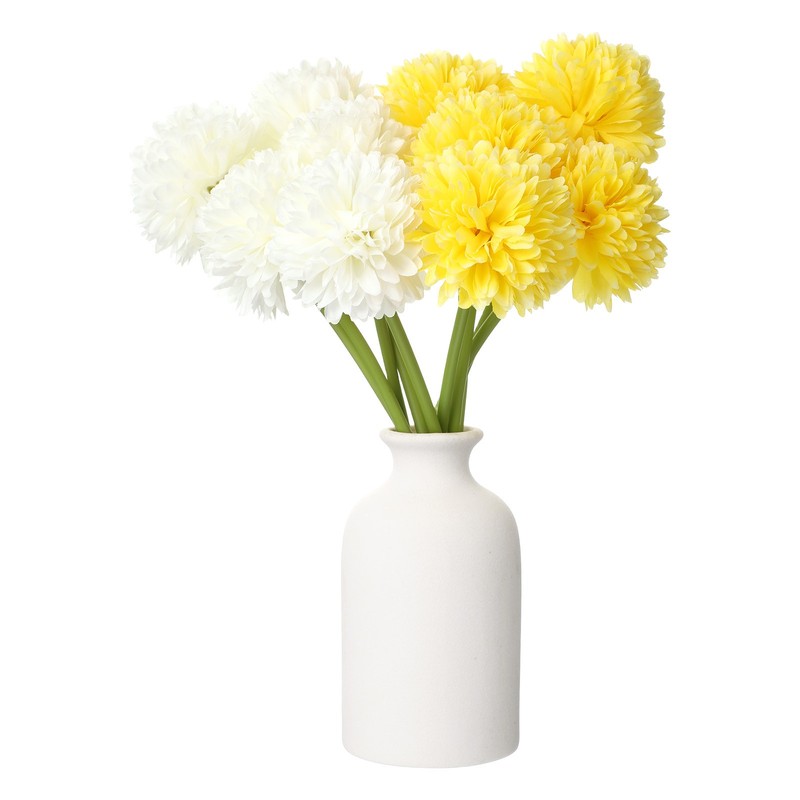 10pcs Artificial Chrysanthemum Ball Flower Faux Mum Flower Bouquet, White/Yellow