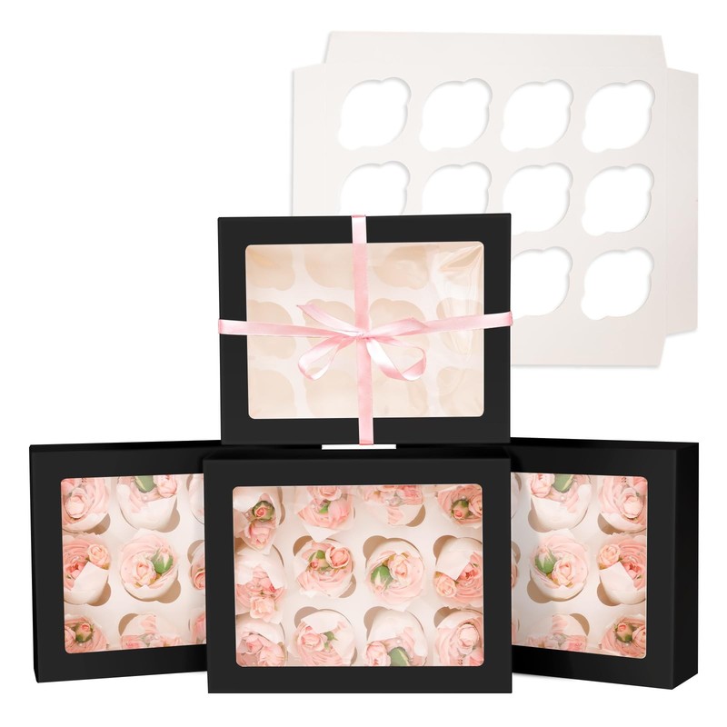 6 PCS Black Cupcake Boxes With Window 13x10x3.5 Inch 12 Count Carrier