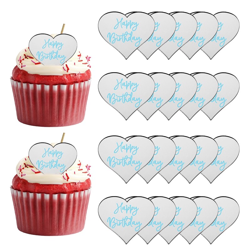 20Pcs Acrylic Mirror Happy Birthday Cupcake Toppers Heart Shapes, 002-Silver