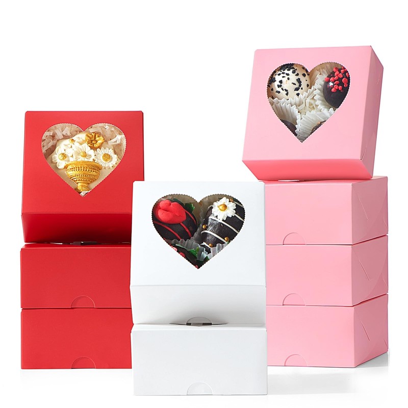 48PCS 4″x4″x2″ Heart-Shaped Window Bakery Boxes in White, Pink, Red – Perfect…
