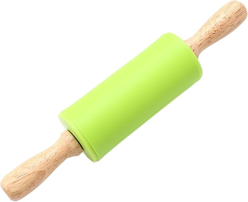 Green Rolling Pin 9 Inch Silicon Rolling Pin W/ Wooden Handle Kneading the Dough