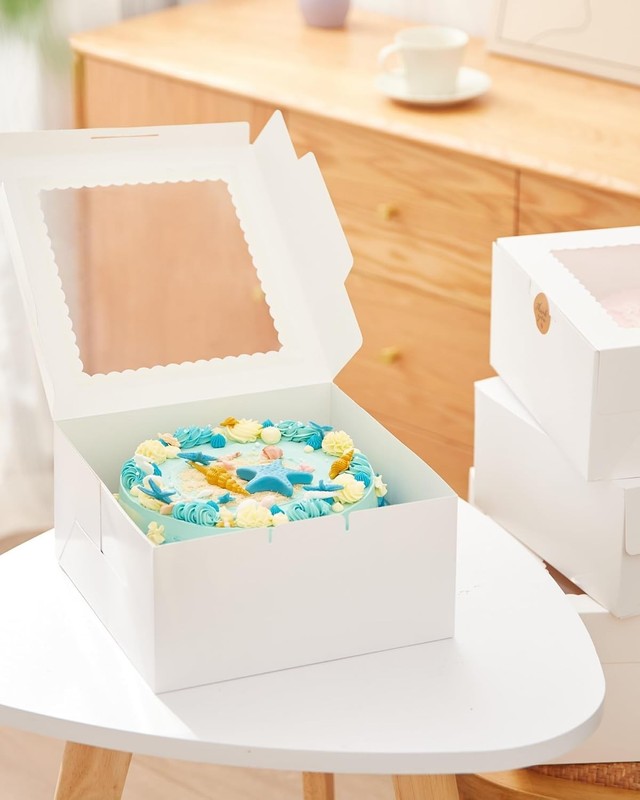 Sturdy White Cake Boxes 10x10x5 Inches - Includes 72 Custom Stickers - 24 Pack gallery