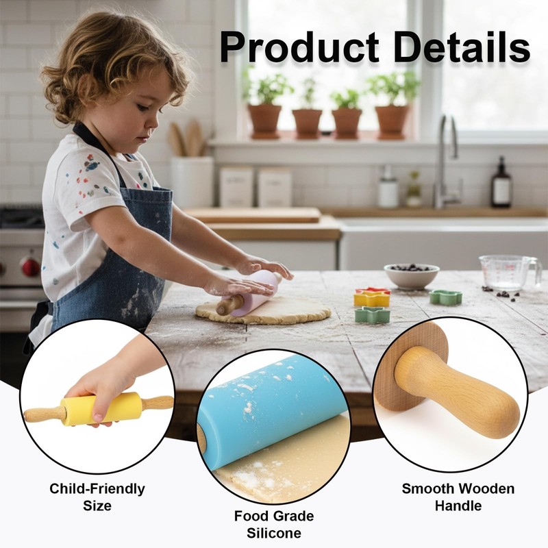 10 PCS 9 Inch Small Silicone Rolling Pins Kids Wooden Handle Baking Dough gallery