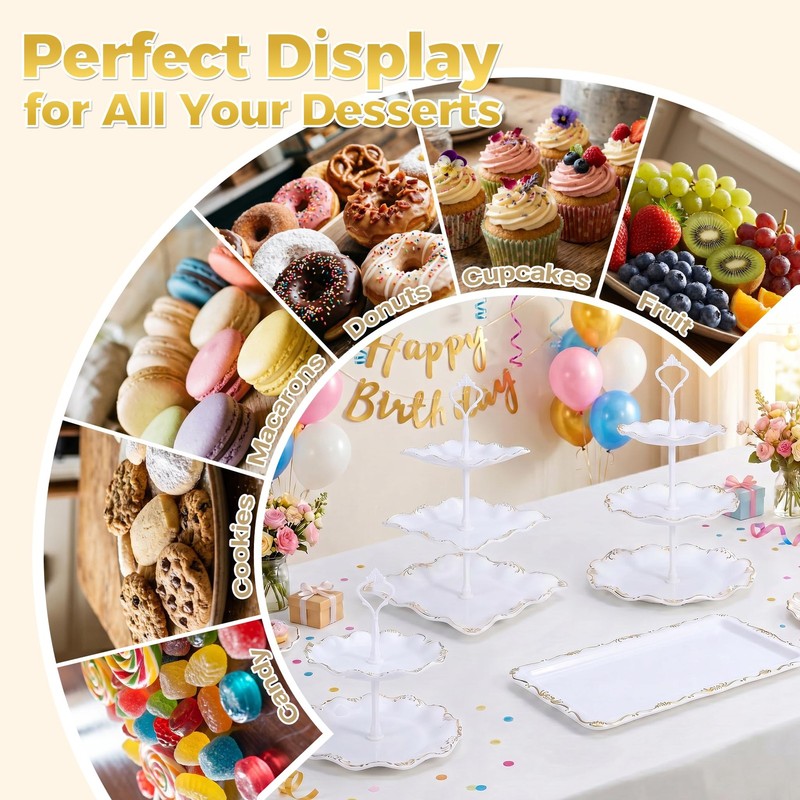 10 Pcs Cupcake Stand,Dessert Table Display Set with Gold Rim,3 x Three-Tier a... gallery