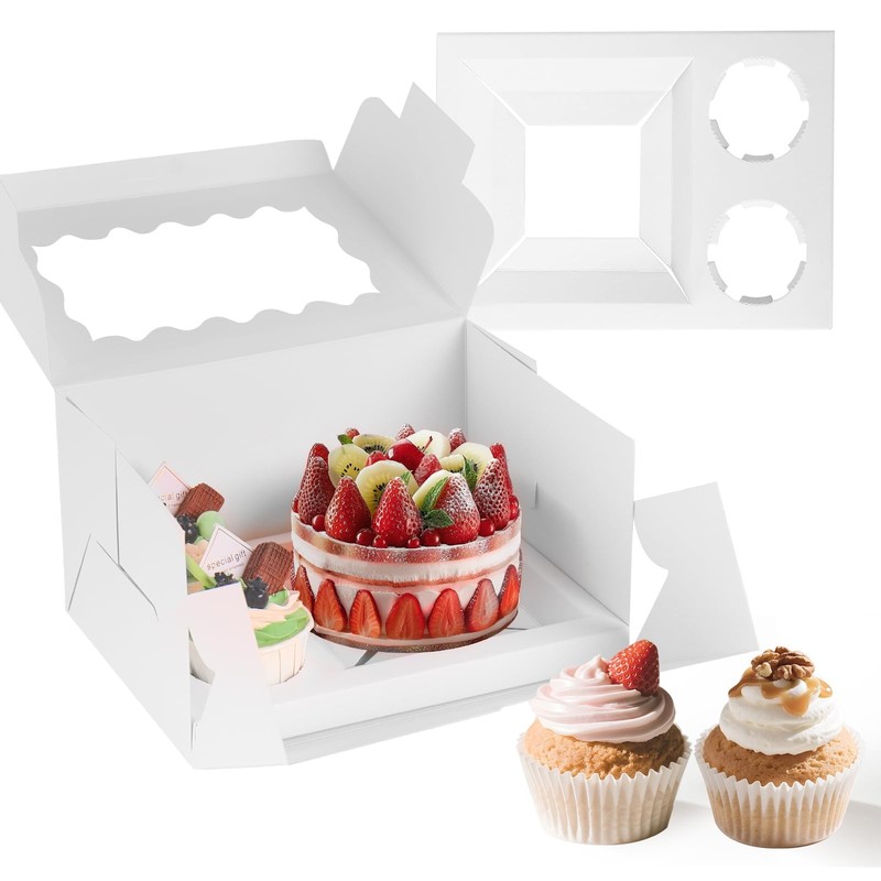 10 Packs Bento Cake and Cupcake Box 3 Holes Fit 2 Cupcakes and 1 Mini with Clear